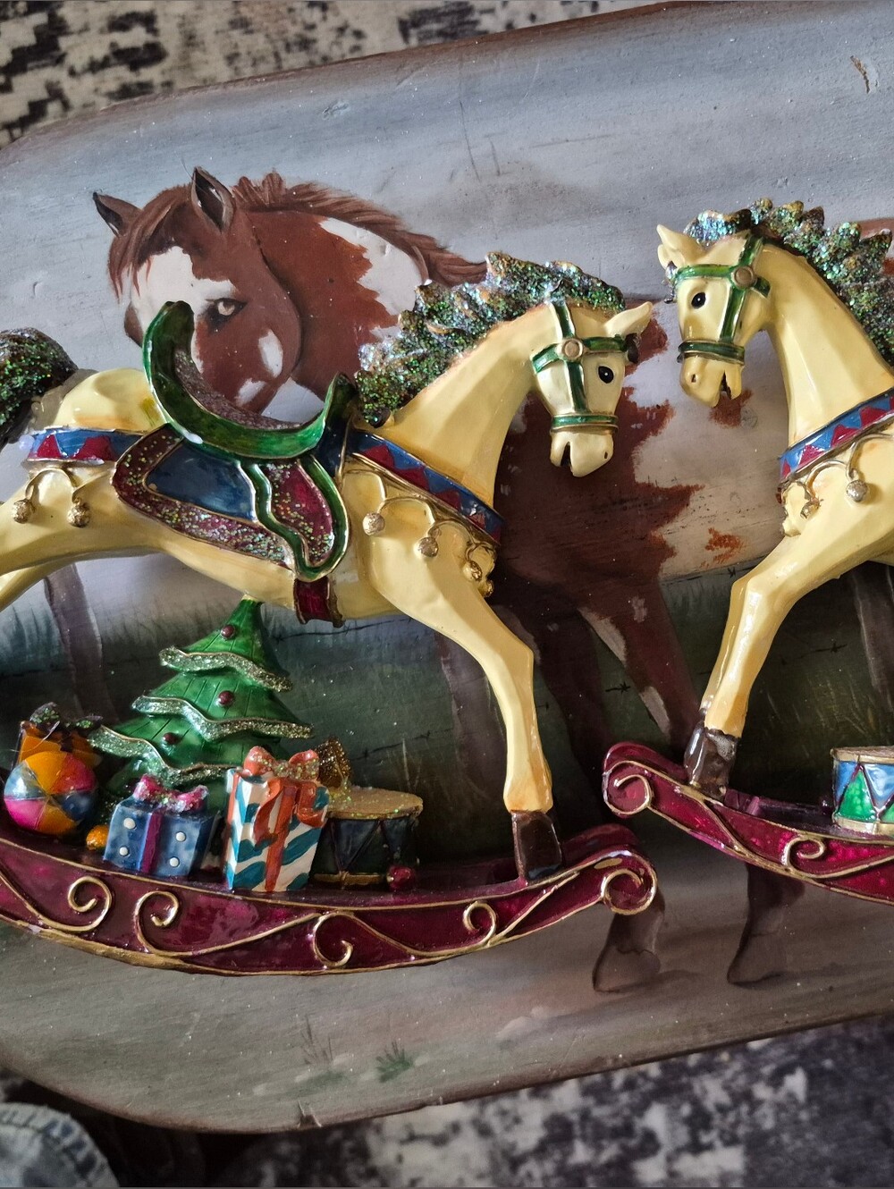 Holiday Ceramic Carousel Horses Figurine - Cream & Green